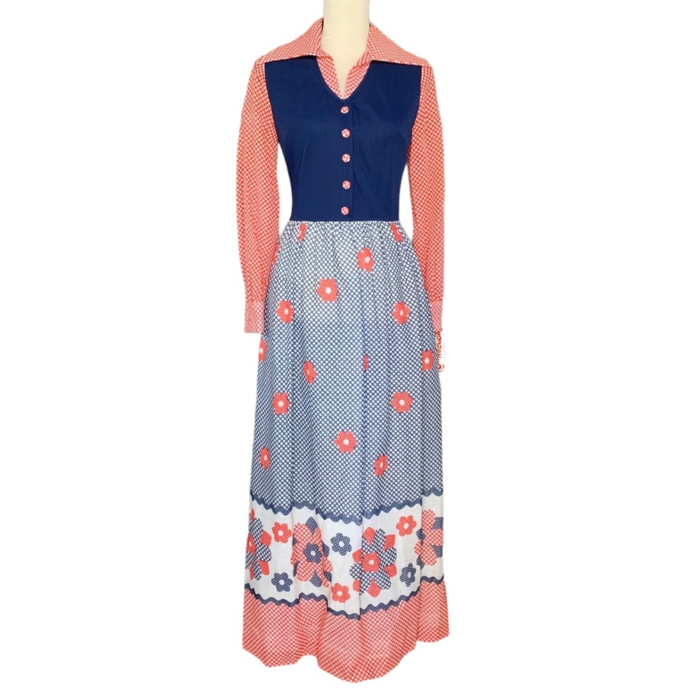 NWT Vintage 70s Connections Floral Polka Dot Butterfly Collar Maxi Dress Size S